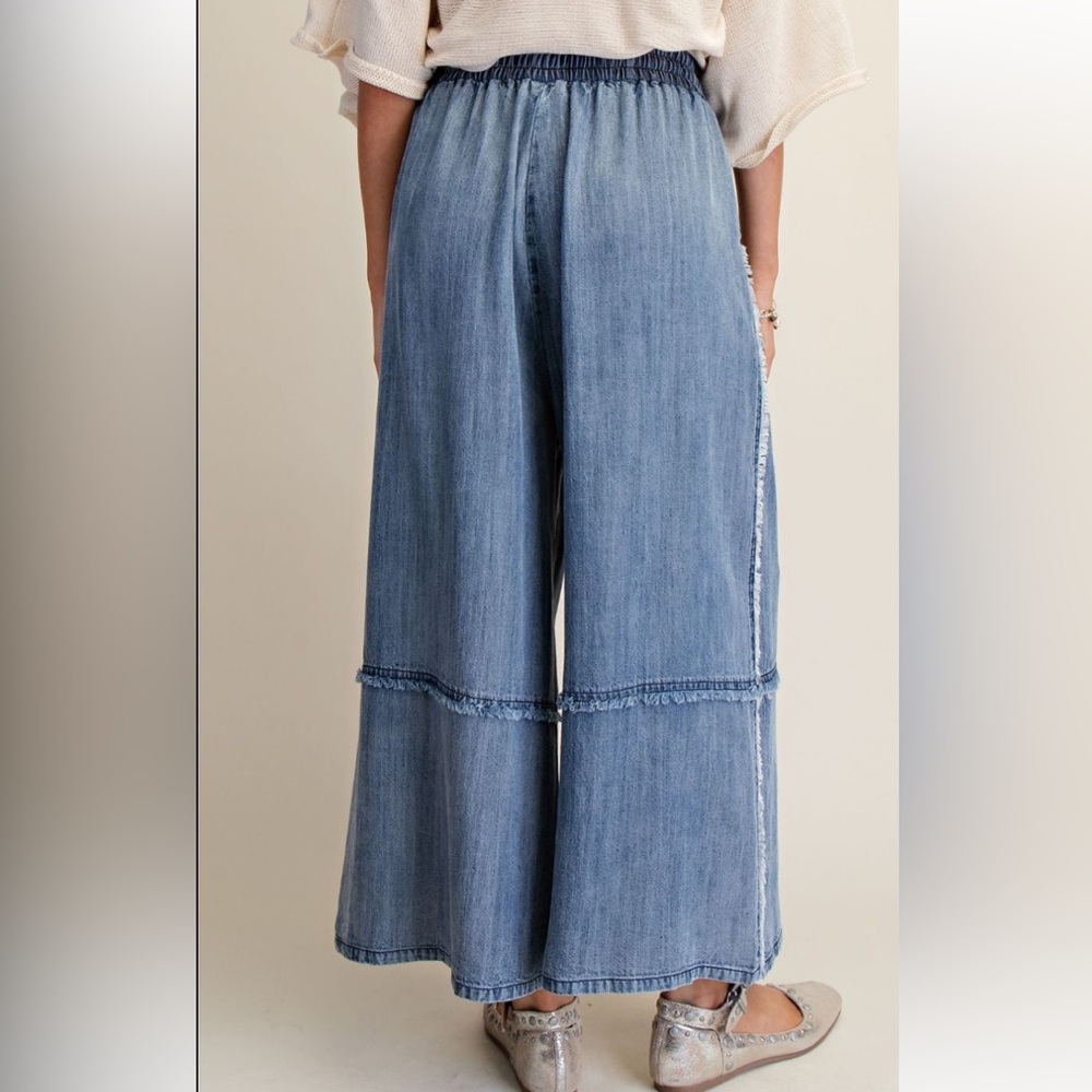 1X -3X 362 ❤️ EASEL BLUE SELF FRAY WASHED CHAMBRAY PALAZZO
PLUS PANTS - Picture 3 of 5